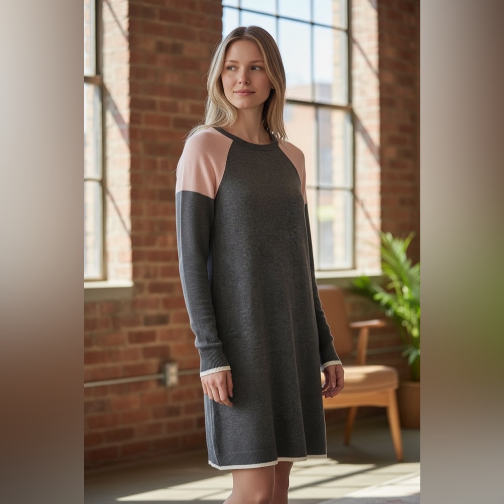 Eliza J Colorblock Knit Sweater Dress Grey Pink White‎ Gold Back Zipper XS